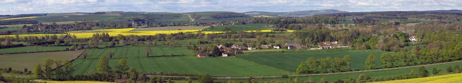 View across fields and hedgerows to the village of Norton Bavant, home of Footpath Holidays